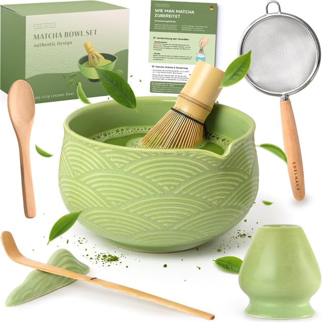 EDELHAUS Matcha Set (7 Teilig) Matcha Schale mit Besen, Sieb, Löffel - Einzigartiges Design Ceremonial Grade Matcha Tee Set (Grün)