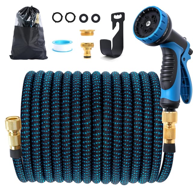 Jsdoin Gartenschlauch Flexibel 15m, Ausziehbare Garten Schlauch Dehnbarer mit 10 Funktions Gartenbrause, 1/2" 3/4" Adapter für Wasserschlauch Flexibler Garden Hose 15m/50ft