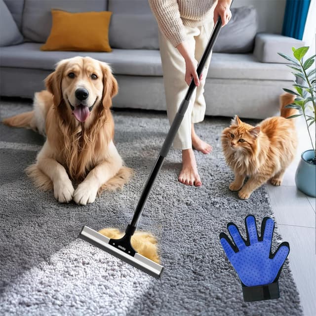 Okköbi Carpet Rake - Fellfeger Besen – Pet Hair Remover für Teppich & Möbel – Gummibesen mit Stiel – Hundehaare Entfernen – Teppich Bürste für Tierhaare – Fellfeger für Teppiche & Böden Schwarz