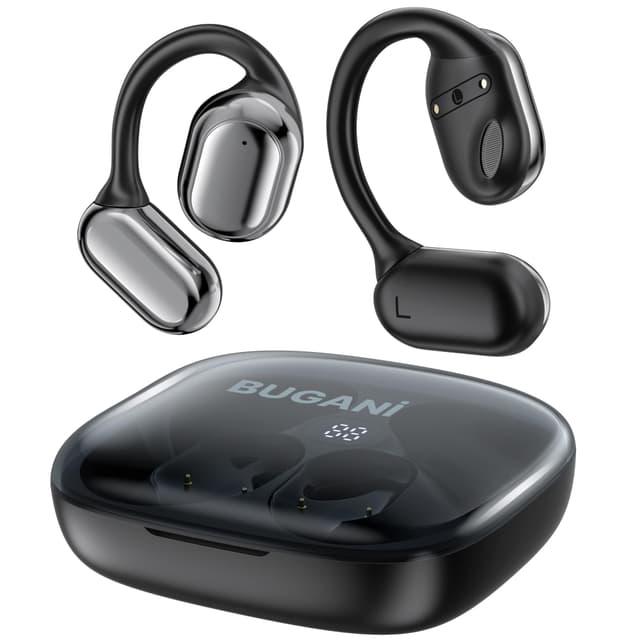 BUGANI Offene Bluetooth Kopfhörer Sport, Open Ear Kopfhörer Kabellos mit Bügel BT5.4, 30 Stunden Akkulaufzeit, mit großem 16,2mm Treiber, Ohrhörer Bluetooth mit Ohrhaken für iOS/Android Schwarz Schwarz-B06