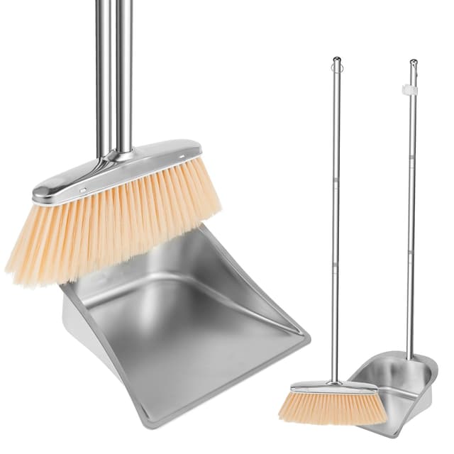 Kehrschaufel Set mit Langem Stiel 118cm Edelstahl Besen und Kehrschaufel Set Einstellbar Besen Set für Zuhause Küche Büro Straße (Quadratisch)