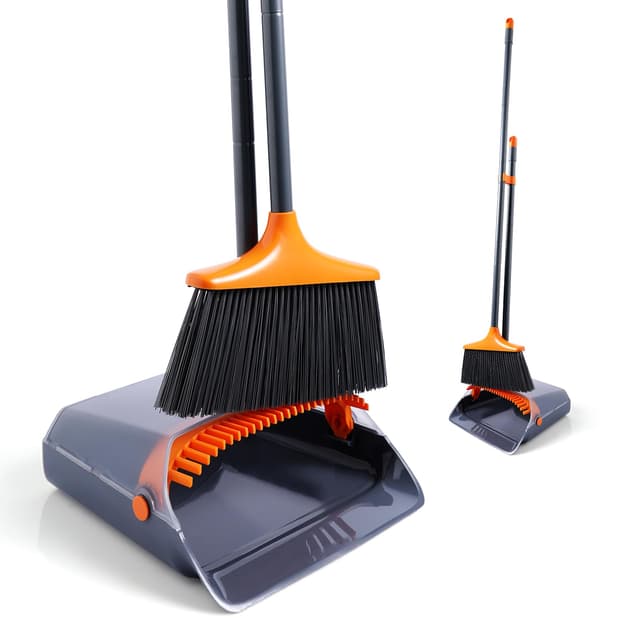 CLEANHOME Besen und Kehrschaufel Set mit langem Stiel, Vier Lagen dichter Borsten, Kehrschaufel verstaubar – mit Kammzinken, geeignet zum Reinigen von Staub, Müll und Haaren im Innenbereich