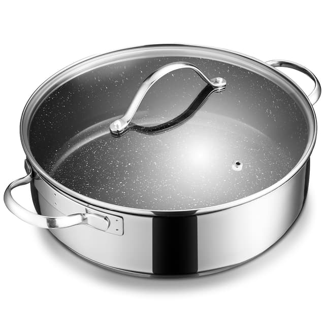 BEZIA Schmorpfanne 28cm Induktion, Schmortopf mit Deckel 5,1l, Edelstahl 18/10 beschichtet, Pfanne Bratpfanne Servierpfanne für alle Herdarten geeignet, backofenfest, hoher Rand