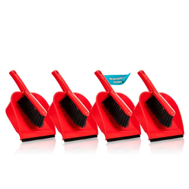 BigDean 4 Stück Kehrschaufel Set in Rot – Handfeger mit stabilen + robusten Borsten und Schaufel – Kehrblech aus hochwertigem Kunststoff – Haushalts Besen Kehrset – Made in Europa