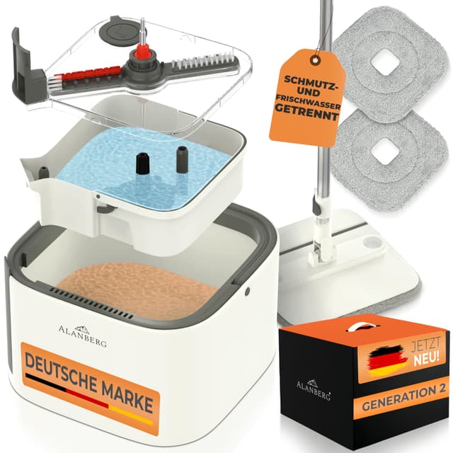 ALANBERG Clean-Spin Mop Gen2 – 360°-Selbstauswring-Flachwischer mit Eimersystem, Doppelkammer, abnehmbarem Tank, Tierhaarrolle aus Silikon, 2 wiederverwendbaren Mikrofaserpads – Weiß Gen2 - Wischmopp Set - Weiß