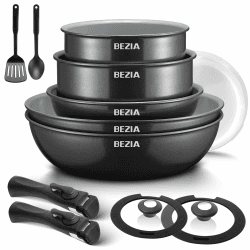BEZIA Pfannenset mit abnehmbaren Griffen, Töpfe und Pfannen Set mit gesunder Keramikbeschichtung, Induktions Pfannen Set 13-tlg, für alle Herdarten, stapelbares Design, Spülmaschinen-/Ofenfest Grau