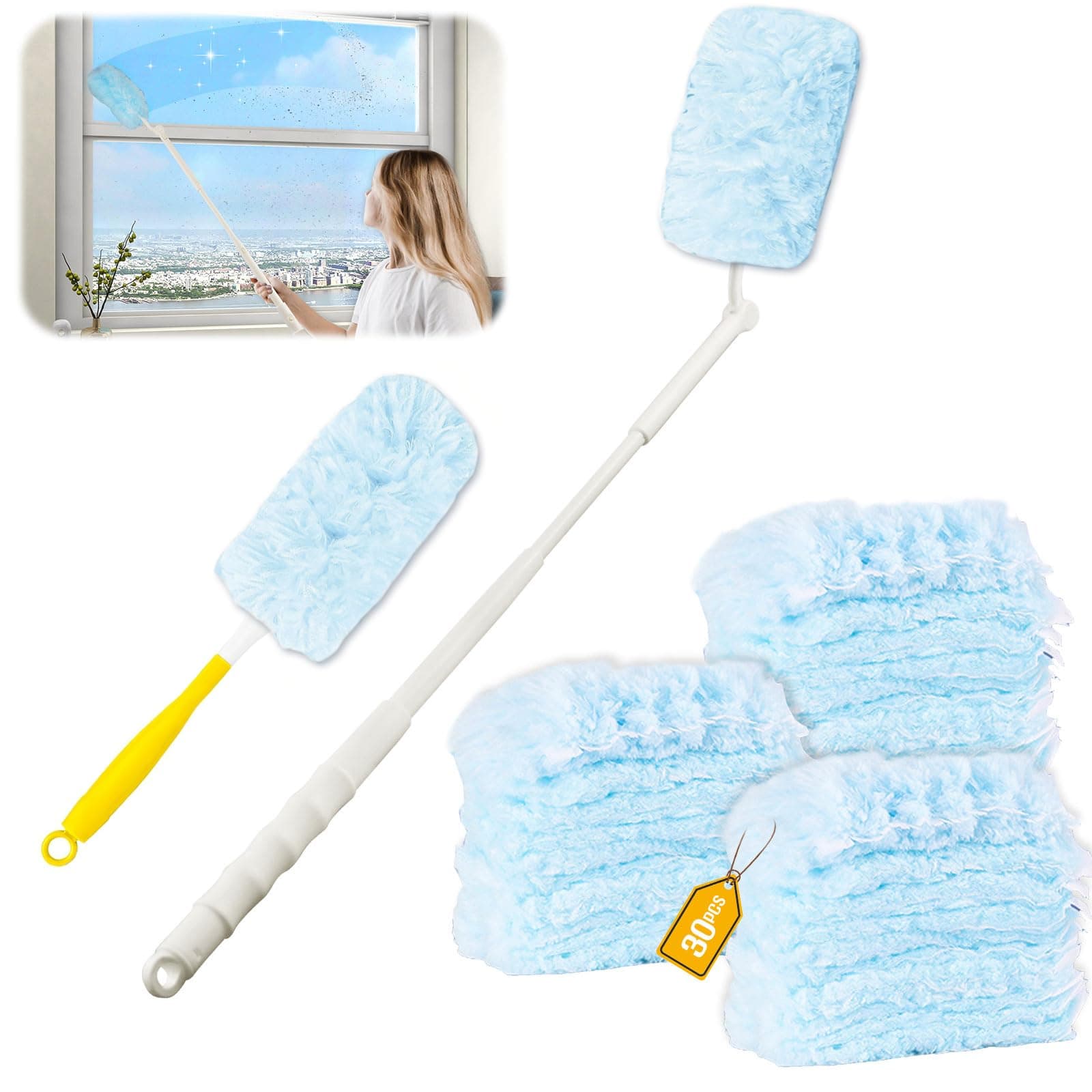 32 Stück für Swiffer Duster Staubmagnet Nachfüllpack Set,360° für Swiffer Staubwedel Teleskop Starterset, für Staubwischer mit Teleskopstange, für Allergene, Tierhaare, Reinigung, Gegen Staub Blau