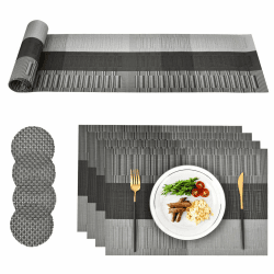 CCKOLE Platzsets PVC Abwaschbar, Tischsets Abgrifffeste Tischset Hitzebeständig, Platz-Matten Set 4 x Platzdeckche, 4 x Untersetzer und 1 x Tischläufer, Platzset für Küche, Restaurant, Schwarz grau