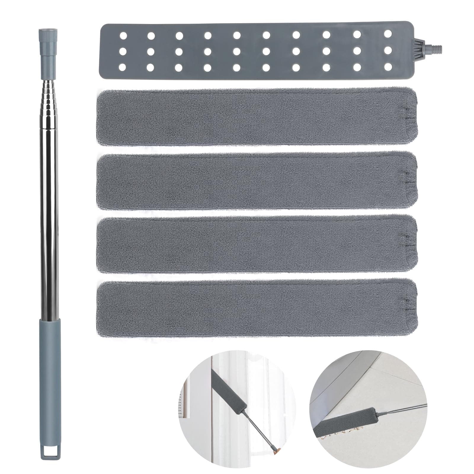 VFANDV Staubwedel Teleskop Waschbar, Staubwischer Teleskop Stange mit Vier Austauschbare Staubpinsel, Staubwedel mit Edelstahlgriff lang ausziehbar bis 250cm, Reinigen für Autos, Ecken und Möbeln