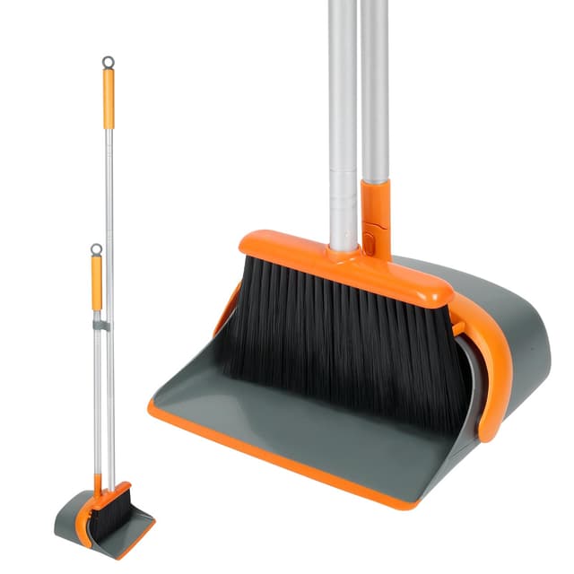 Dirty Fox Besen- und Kehrschaufel-Set mit 137,2 cm langem Griff – perfekte Kehrschaufel und Bürste für eine effiziente Reinigung zu Hause (Orange und Grau) Orange / Grau