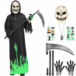 Haozozo Halloween Sensenmann Kostüm Kinder mit Dunkel Leuchtendem Jumpsuits, Dunkel Leuchtender Latexmaske, Handschuhen und Sense 11-14 Jahre