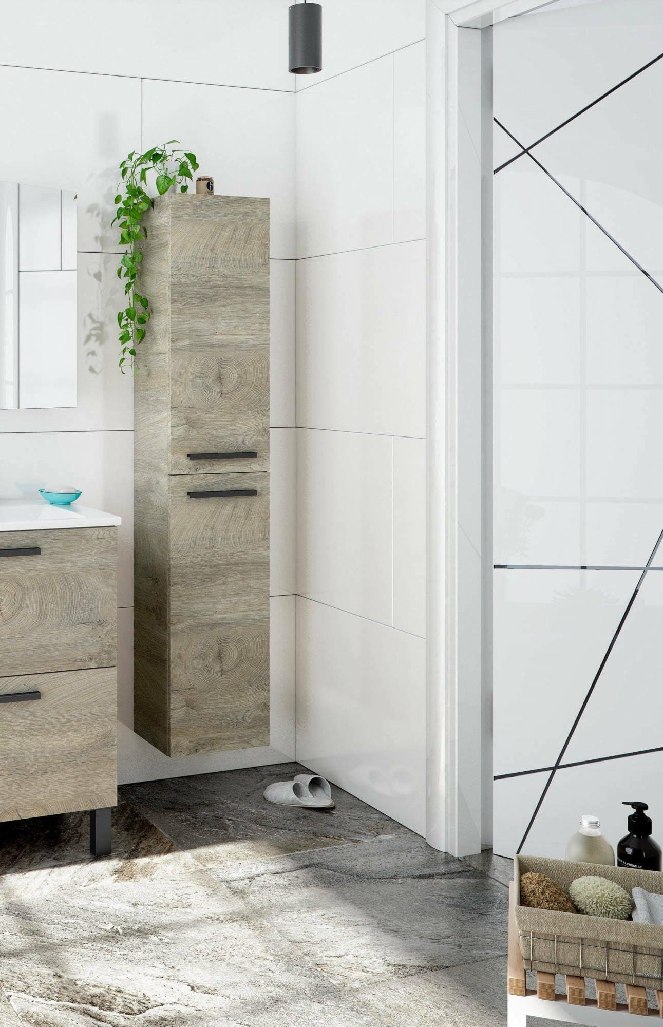 Dmora - Badezimmersäule Alexandria, Säulenschrank für Badezimmer mit 2 Türen, Hängeschrank mit 2 Einlegeböden, cm 30x25h150, Eiche 30 x 150 x 25