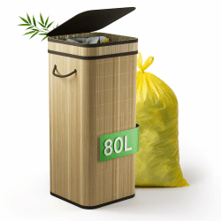 NewHabitat Gelber Sack Ständer aus Bambus I 80L Gelber Sack Behälter mit geruchsdichtem Deckel I Stabiler & Nachhaltiger Mülleimer Holz für Gelbe Säcke I Einfacher Aufbau, Schlichtes Design (Hell) Angebot bei HelloDeals