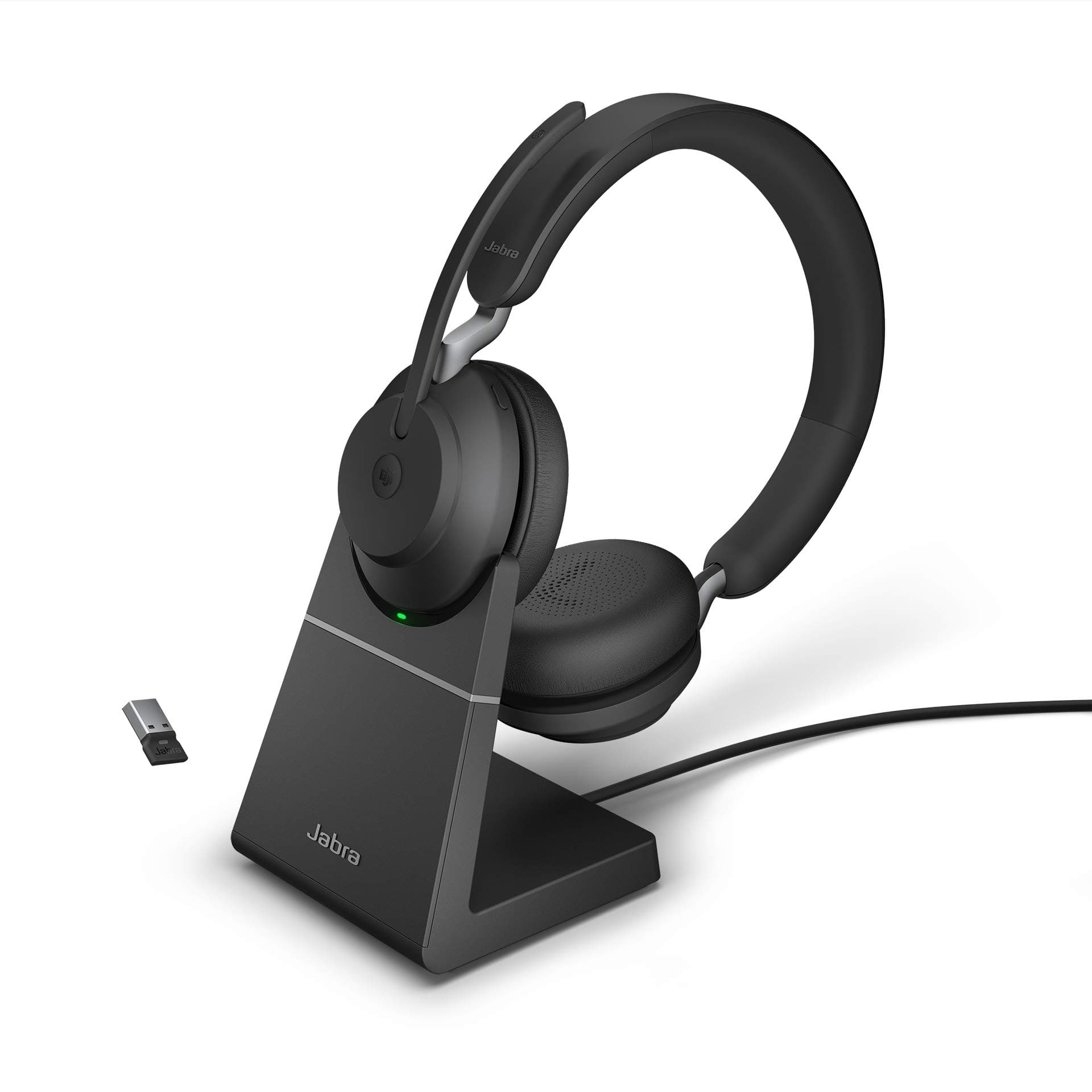 Jabra Evolve2 65 Wireless PC Headset with Charging Stand – Noise Cancelling Microsoft Teams Certified Stereo Headphones with Long-Lasting Battery – USB-A Bluetooth Adapter – Black Stereo USB-A Adapter - Inklusive Halterung Optimiert für Microsoft Teams
