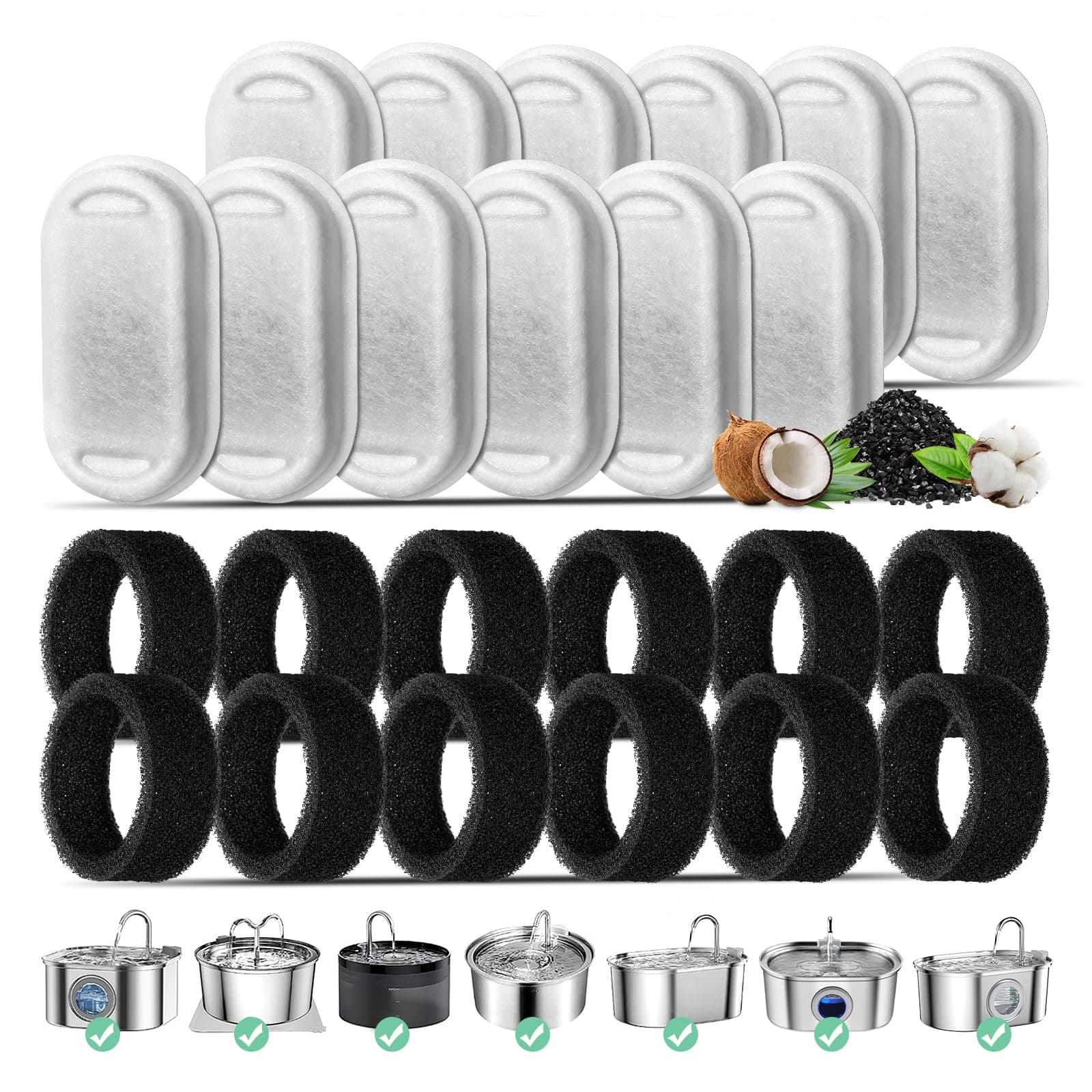 Katzenbrunnen Filter, 12-Pack Ersatzfilter für 108oz/3.2L Edelstahl Katzenbrunnen, 12 Stück Kohlefilter Und 12 Stück Schaumfilter Dreifach-Filterung Filter für 2L Trinkbrunnen für Katzen und Hunde