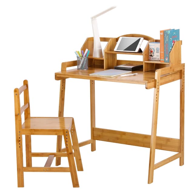 Clevich Kinder Schreibtisch Höhenverstellbar, Kinderschreibtisch mit Stuhl, Bambus Holz Schreibtisch mit Stauraum, Schülerschreibtisch mit Buchhalterung, Kinderschreibtisch für Kinderzimmer, Gelb