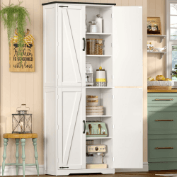 TEENFON 170 cm Küchenschrank 4 Scheunentüren, Mehrzweckschrank Hoch mit 2 Feste Regale & 2 Verstellbare Regale, Vorratsschrank für Küche, Esszimmer, Wohnzimmer, Badezimmer - 30x60x170 cm - Weiß