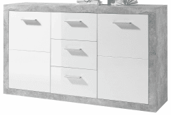 Stella Trading Sideboard in Beton Optik, Weiß Hochglanz - Moderne Kommode mit Schubladen und viel Stauraum - 147 x 89 x 37 cm (B/H/T) Sideboard 2