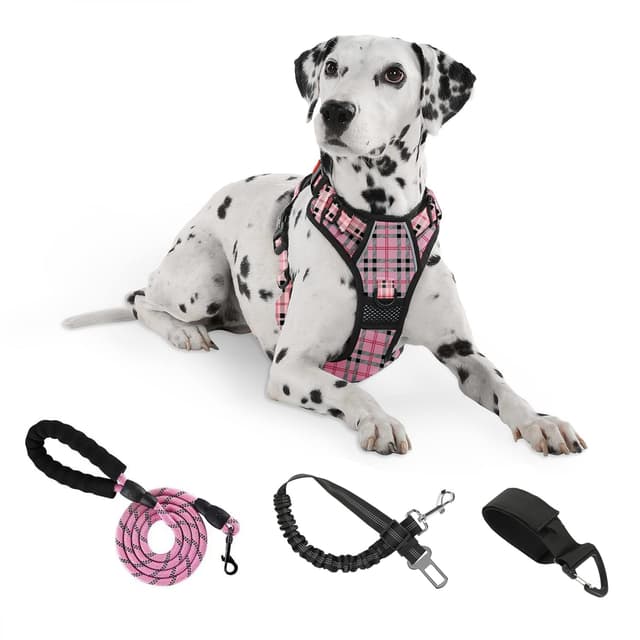 FURRYFECTION Hundegeschirr, Hunde Anti Zug Geschirr, Brustgeschirr, Antizuggeschirr für Grosse Hunde, Laufgeschirr Hund atmungsaktiv Plaid Rosa L