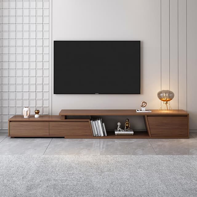 Homary Ausziehbares TV Schrank 180 cm - 280 cm Lang, TV Lowboard Walnuss TV Möbel mit 3 Schubladen, TV-Board für Fernseher bis zu 120 Zoll, Walnuss Moderner Fernsehtisch mit Stauraum für Wohnzimmer