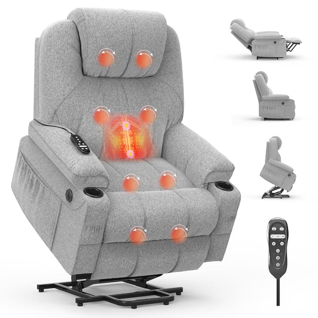 BareTay Relaxsessel für ältere Menschen, Power-Liegestuhl mit Massage und Wärme, verlängerte Fußstütze, Typ C + USB-Anschlüsse, 2 Getränkehalter, Zwei Seitentaschen, Liegestühle, Loungesofa Grau