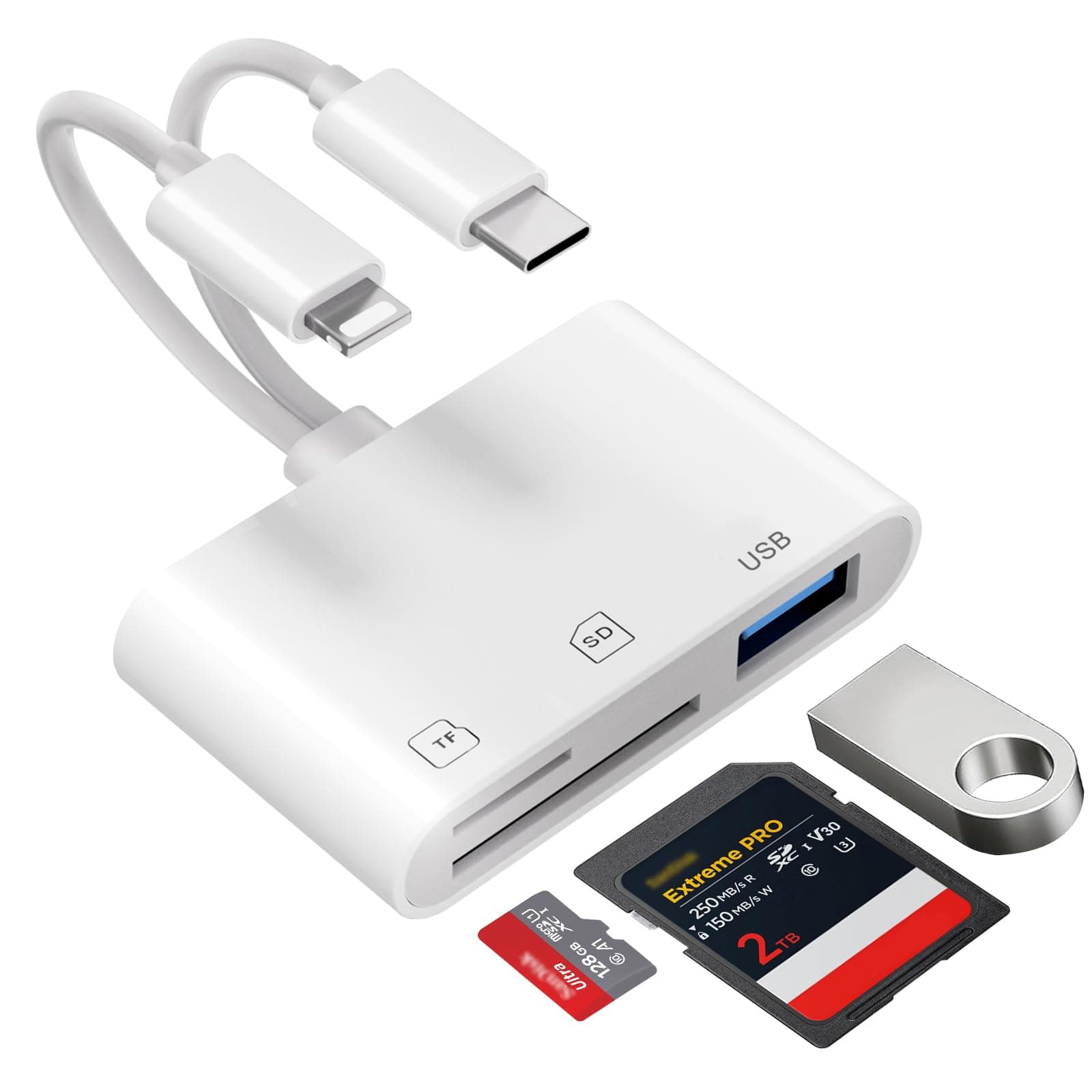[Apple MFi Certified] SD Kartenleser für iPhone iPad, 3 in 2 Lightning USB C SD Kartenleser mit SD/MicroSD/USB3.0 Slots, USB C OTG Adapter Speicherkartenleser Kamera Kartenleser für iPhone16/Samsung 3 in 2 USB/SD/TF