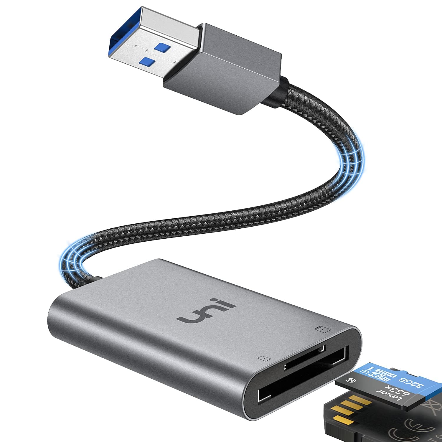 Uni USB 3.0 Kartenleser 2in1 SD Kartenlesegeräte Card Reader aus Alumunimgehäuse und Nylonkabel, USB 3.0 Karten-Adapter für SD/Micro SD/TF/SDHC/SDXC/MMC, kompatibel mit Windows/Mac/OS usw.