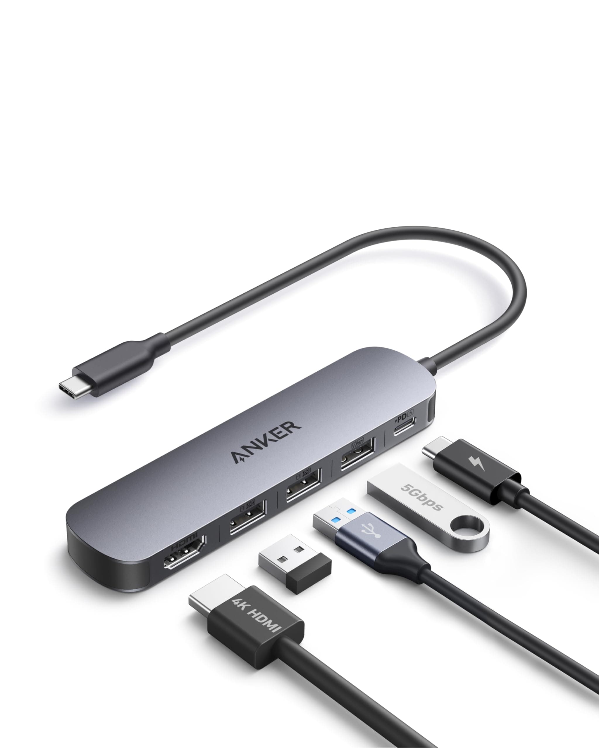 Anker USB C Hub (5-in-1), 4K@30Hz HDMI mit 90W Max. Power Delivery, USB-C und USB-A Daten-Ports, kompakt und stylisch für MacBook, Dell XPS und mehr (Ladegerät Nicht enthalten)