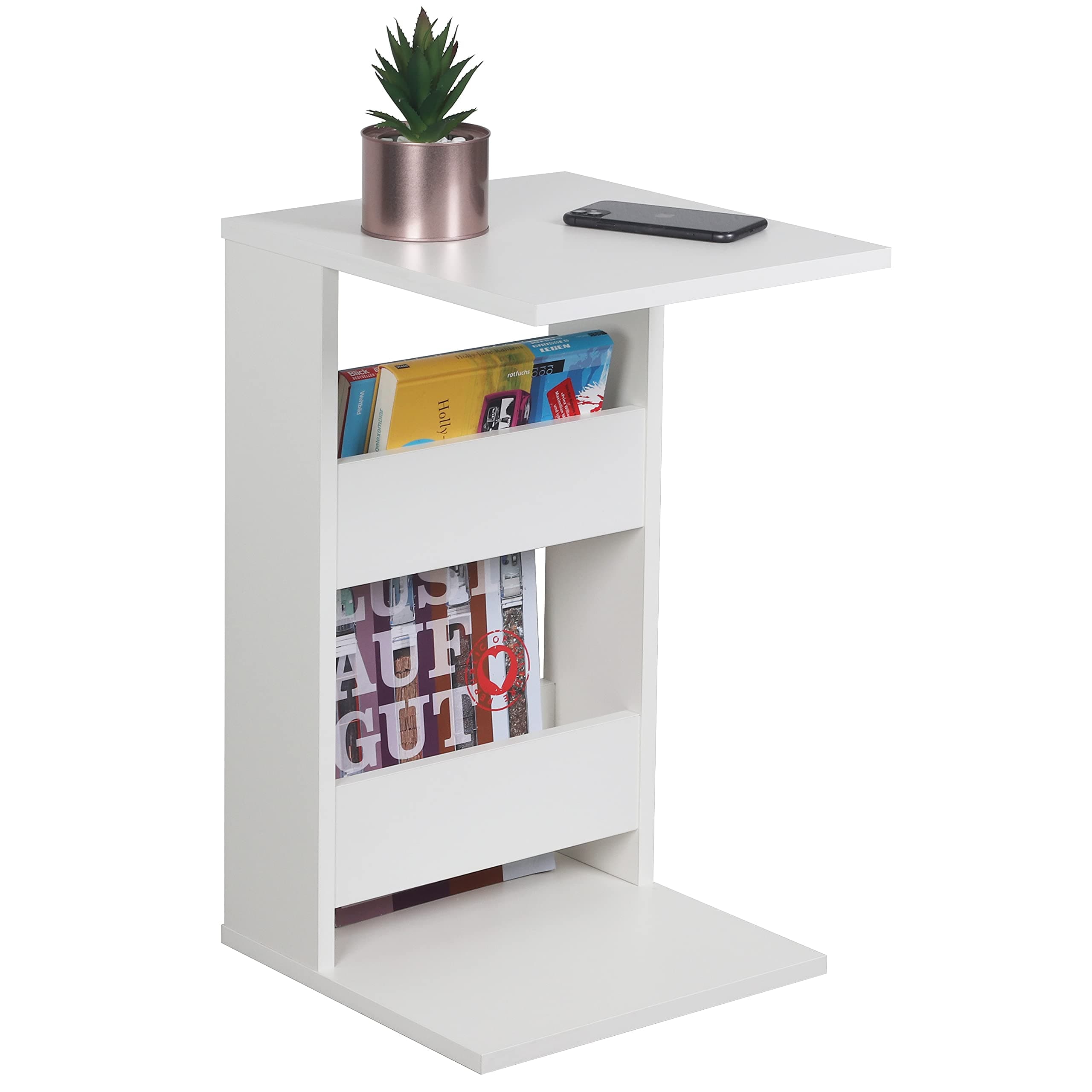 RICOO Kleiner Beistelltisch Holz 35 x 60 x 40 cm WM042-WM Couchtisch mit Stauraum Weiß Wohnzimmertisch Kleiner Tisch Wohnzimmer Sofatisch Beistelltische C Form Konsolentisch Angebot bei HelloDeals