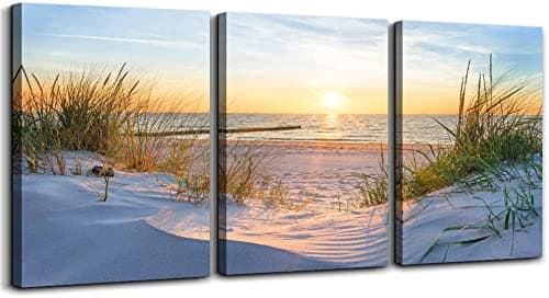 hyidecorart Bilder Sonnenuntergang Strand Leinwandbild, Modern Meer Landschaft Kunstdruck Deko, Natur 3 Stücke Wandbilder Wohnzimmer Schlafzimmer Küche Esszimmer Wohnung und Badezimmer Sonnenuntergang Strand 40L x 30B cm