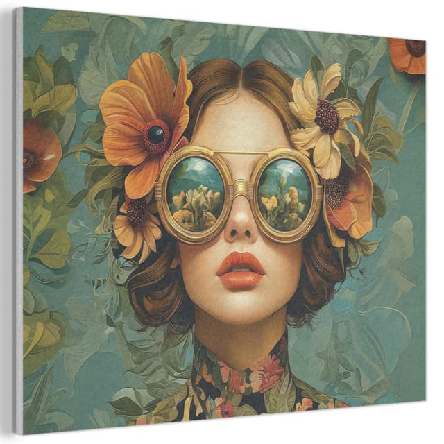 MuchoWow© Bilder aus Filz 100x70 cm Wohnzimmer Deko Modern Wandbild Kunstdruck Bild Schlafzimmer über Bett Room Decor Geschenke Frau - Blumen - Schmetterlinge - Natur - Vintage Frau - Blumen 70L x 100B cm