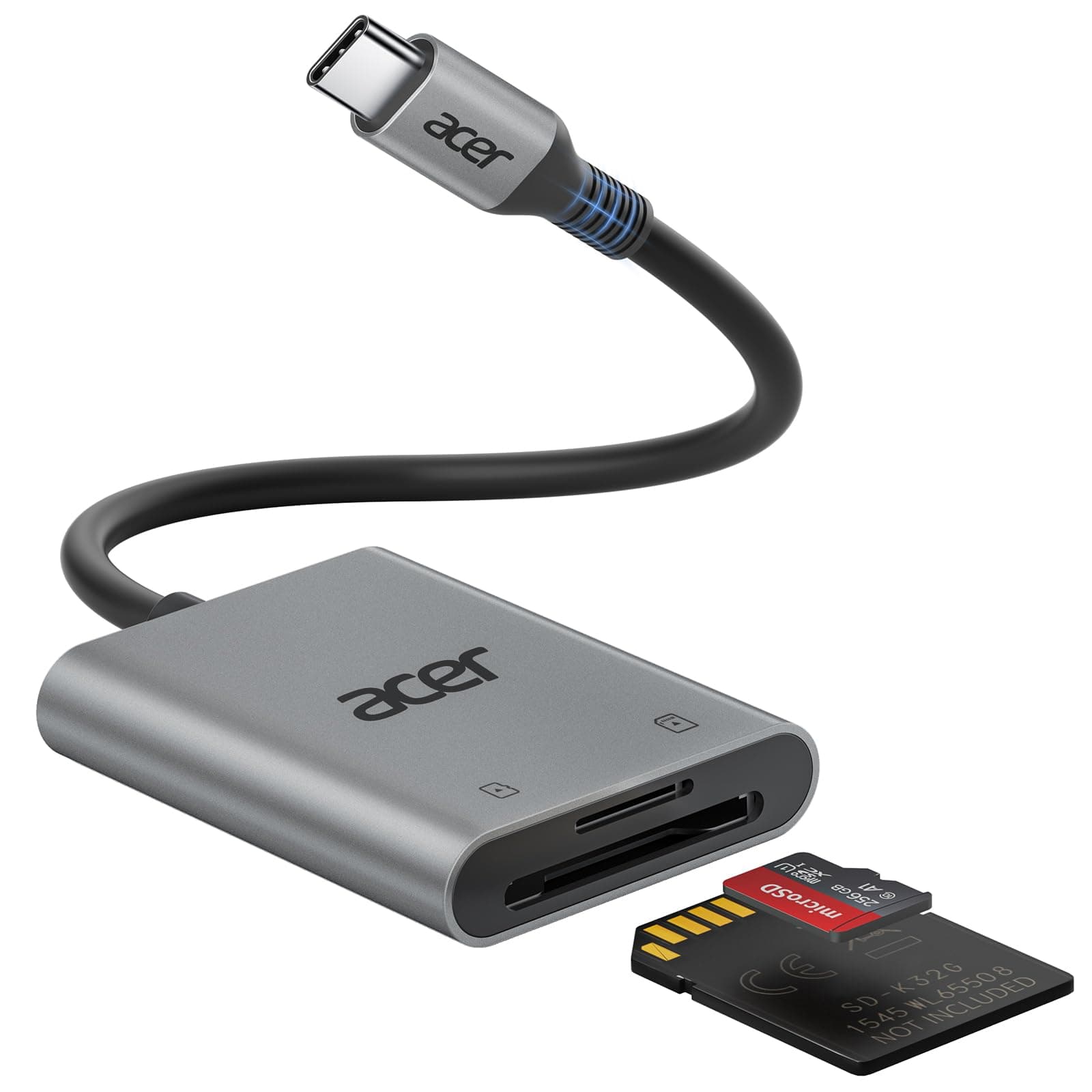 acer USB C SD Kartenleser, USB-C SD Micro SD Card Reader Aluminium Kartenlesegerät Typ C Speicherkartenleser Adapter für iPhone 17 16 15 Serie,Galaxy S24,iPad Pro,MacBook Pro,Surface Pro usw. Grau
