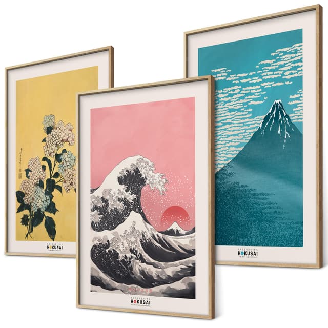 Hokusai Poster Set Japanische Wanddeko Japan Kunst Bilder Schlafzimmer Deko Wohnzimmer Dekoration Eklektische Gemälde (3x A3 | Ohne Rahmen) Hokusai Trio 3x A3 | Ohne Rahmen