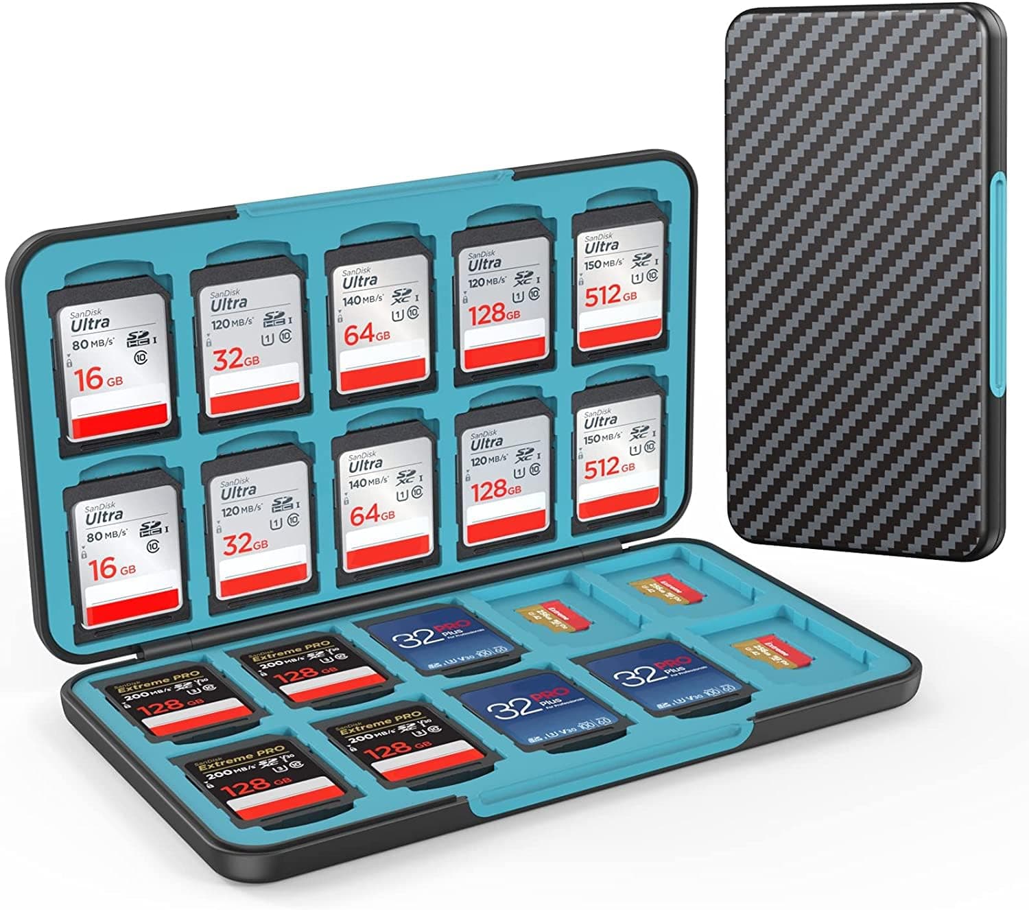 HEIYING Speicherkarten Etui für SD/TF Karten, Tragbarer Karte Etui Kompatibel mit 20 SDXC SDHC und 20 TF Kartensteckplätzen Carbon Fibre Black