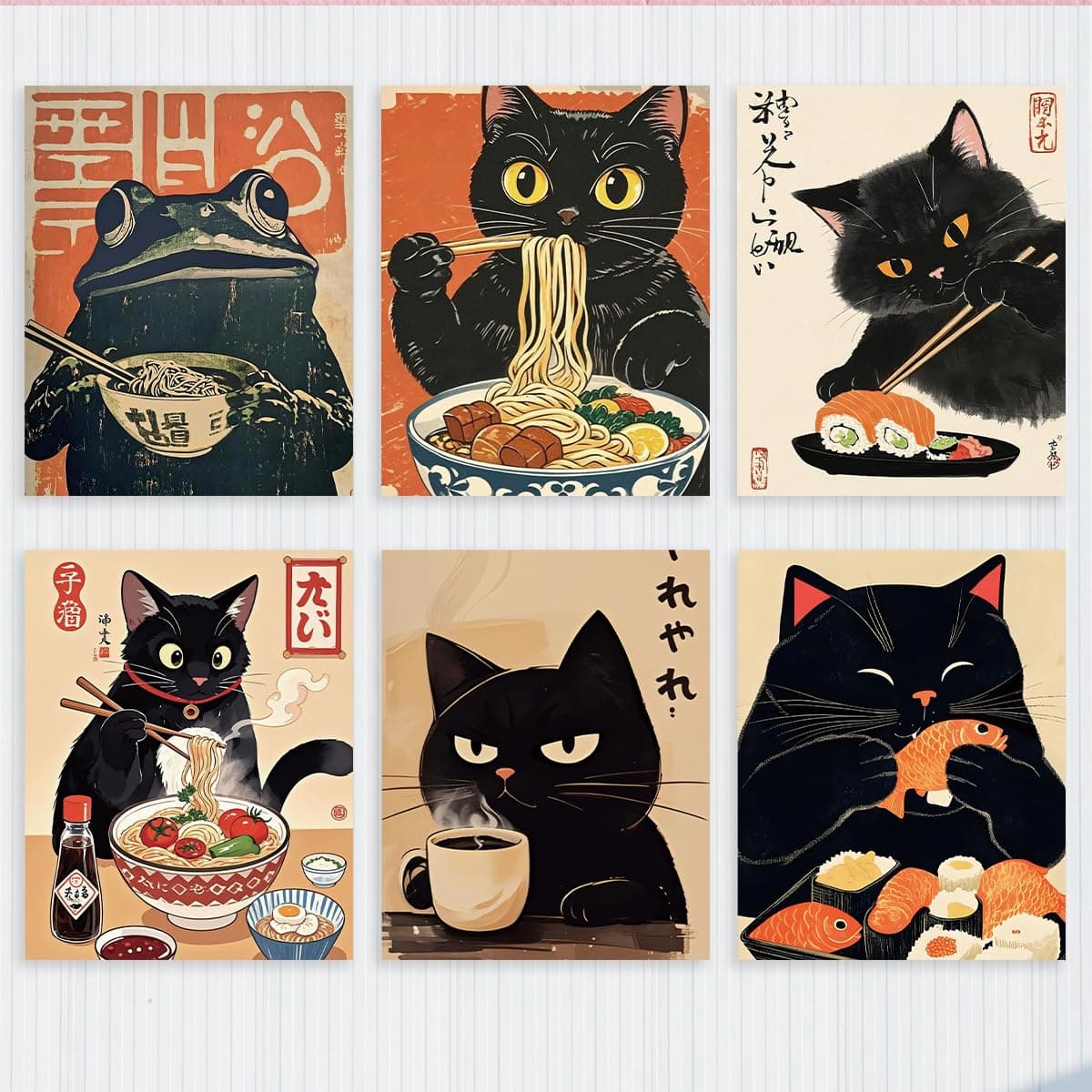 6 Stück Lustige Katze Frosch Leinwand Wandkunst Vintage Japanische Katze isst Ramen Sushi Gerahmte Kunst Gemälde Wanddekoration Einzigartige Geschenke Drucke Bild für Zimmer Schlafzimmer Wohnzimmer LCS Multicolor 22024