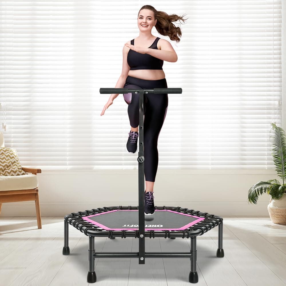 ONETWOFIT 107/114cm Trampolin lndoor,Rückprall Trampolin für Erwachsene, Leises Mini Trampoline für das Outdoor Training, Fitness Trampoline mit Bungee Rückpraller Rosa-Sechskant-mit Griff