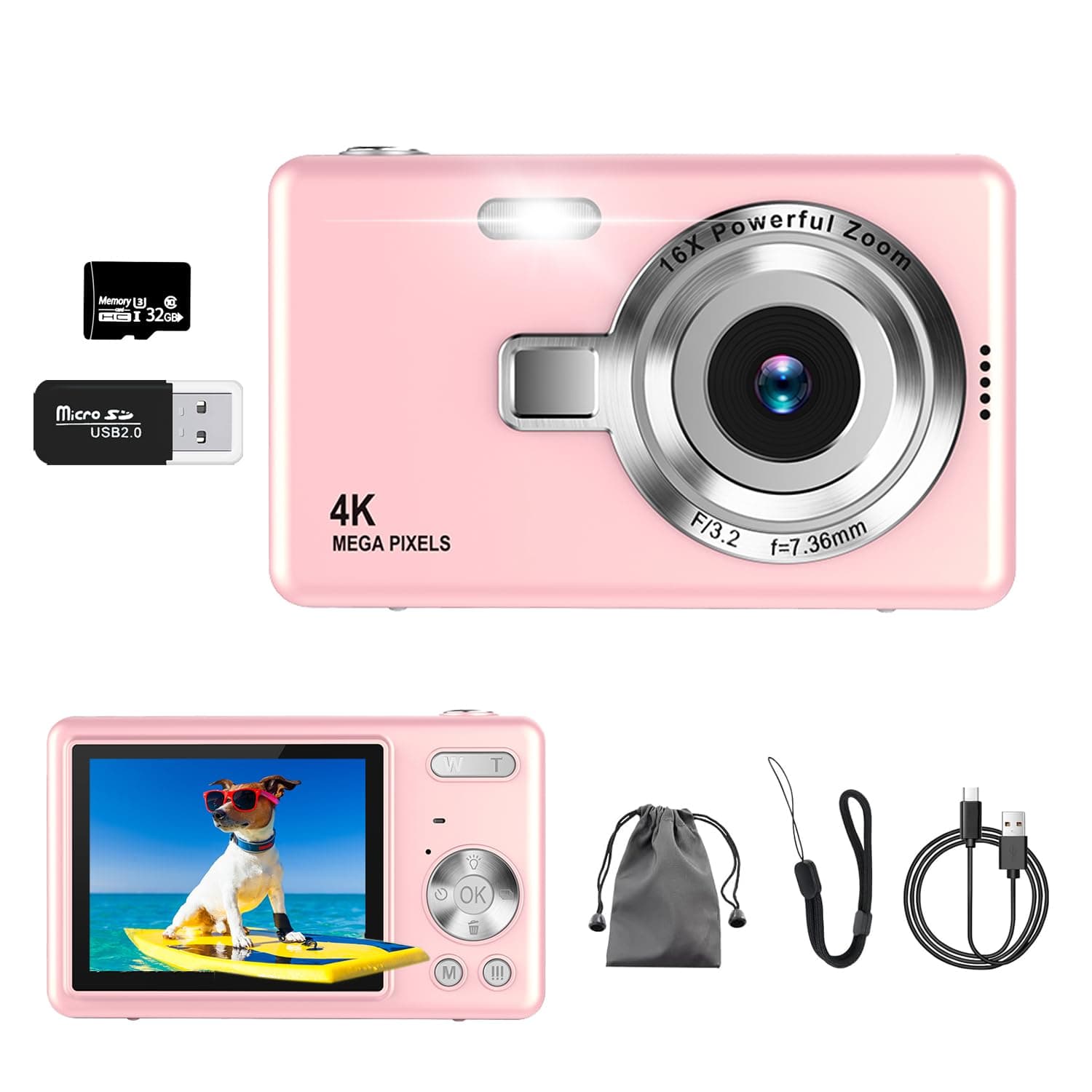 Digitalkamera, UHD 4K 50MP Kamera Fotoappara mit 32GB SD-Karte, 16X Digitalzoom, Wiederaufladbarer Akku, Tragbare Vlog Kamera für Kinder Teenager Student Anfänger Rosa