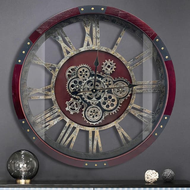 DORBOKER Wanduhr mit original beweglichen Zahnrädern, große industrielle Wanduhr als Wohnzimmerdekoration, Retro-Metall, Massivholz, Vintage, Landhaus, Steampunk, rustikal, Kirschrot, 68 cm 27 Inch/ 68cm Kirsche Rot - Bronze Zahnräder