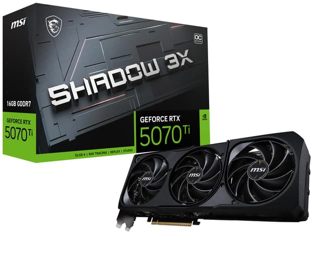 MSI GeForce RTX 5070 Ti 16G Shadow 3X OC — 16GB GDDR7 (28Gbps/256-bit), PCIe 5, Boost: 2482 MHz, HDMI 2.1b, DisplayPort 2.1b