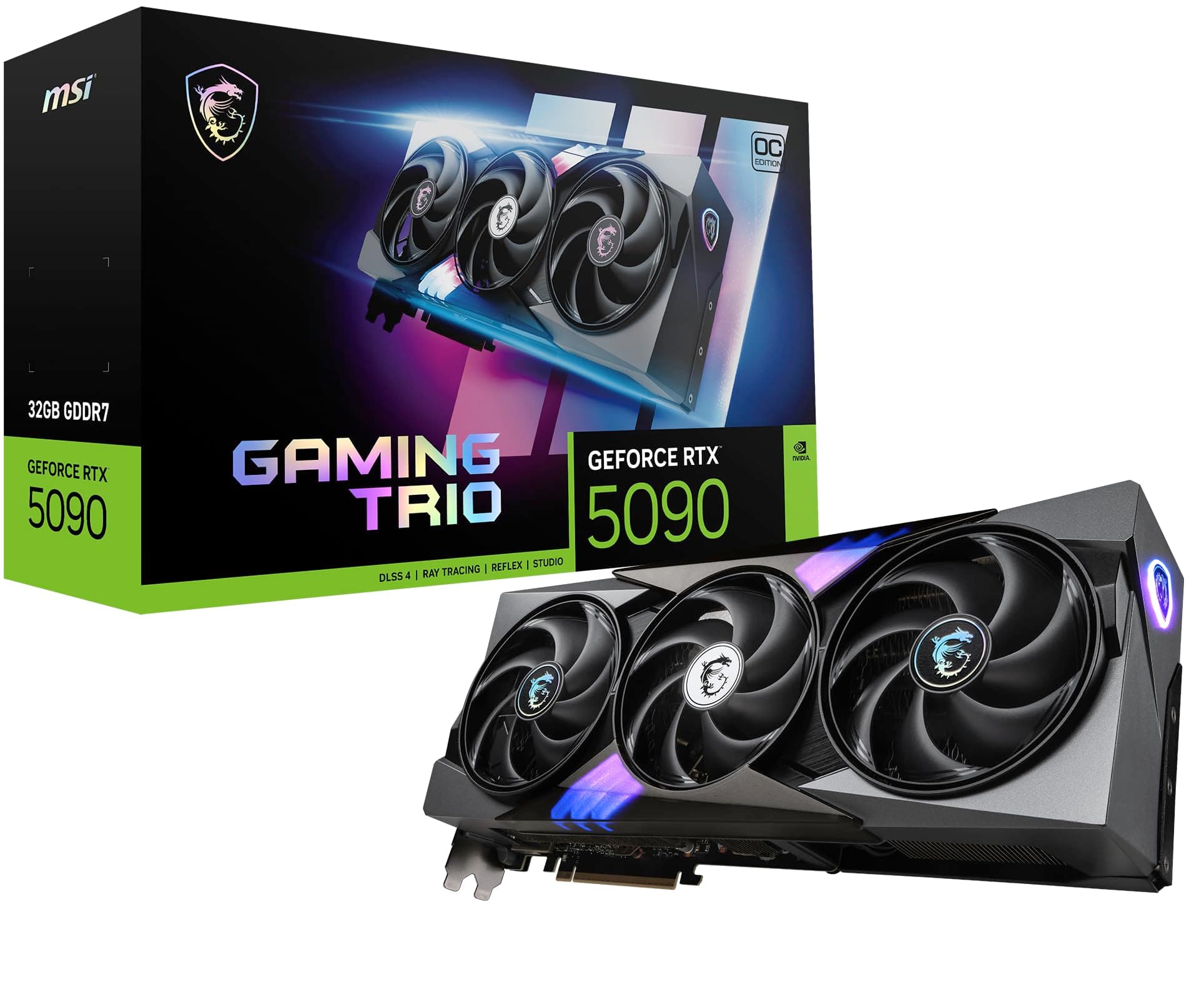 MSI GeForce RTX 5090 32G Gaming Trio OC — 32GB GDDR7 (28Gbps/512-bit), PCIe 5, Boost: 2482 MHz, HDMI 2.1b, DisplayPort 2.1b