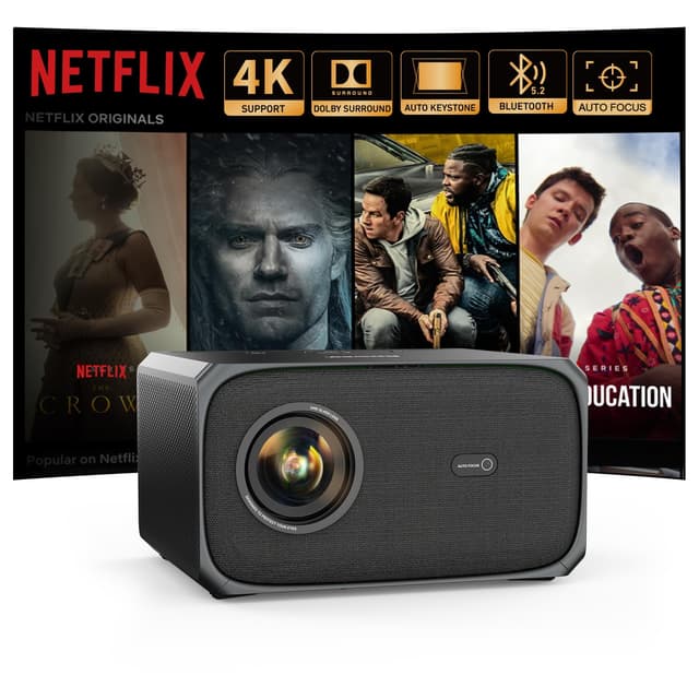 Beamer 4K Passend für Netflix Dolby Audio 35000L 1080P FHD Smart Beamer Heimkino, KI-Autofokus & Trapezkorrektur Jimveo Projektor mit Zwei-Wege Bluetooth WiFi6 Outdoor 300" Display Video Projektor Schwarz