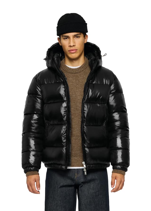 Burocs Glossy Puffer Jacket - Brown - Oversized Herrenjacke - verstellbare Kapuze - glänzendes Material - Innentasche M Schwarz