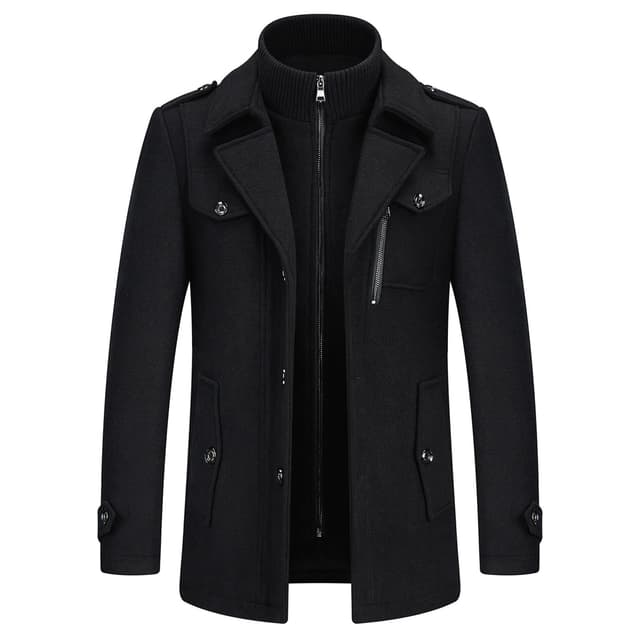 KUDORO Herren Wintermantel Wolle Kurzmantel Herren Wollmantel Mittellang Slim Fit für Business Freizeit Peacoat Herren Casual L Schwarz1
