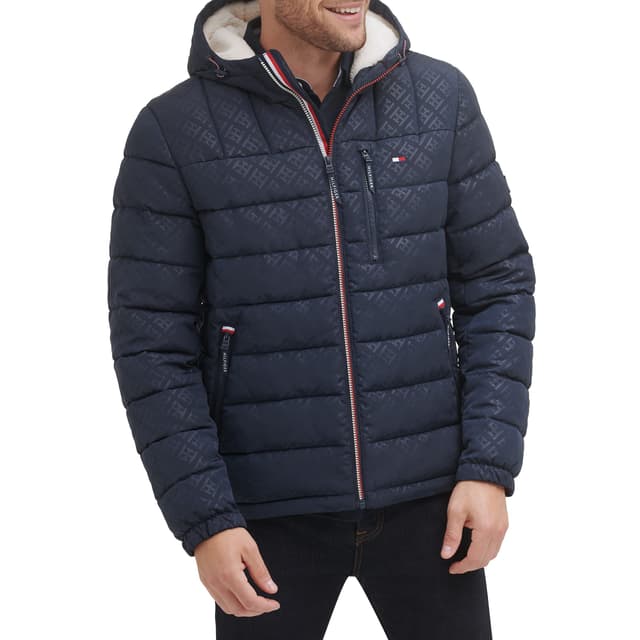 Tommy Hilfiger Herren Midweight Sherpa Lined Hooded Water Resistant Puffer Jacket Mantel L Tommy Logo Tech Navy