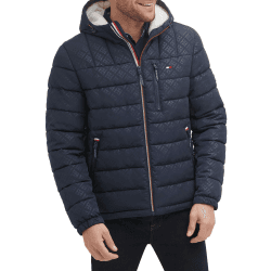 Tommy Hilfiger Herren Midweight Sherpa Lined Hooded Water Resistant Puffer Jacket Mantel L Tommy Logo Tech Navy Angebot bei HelloDeals
