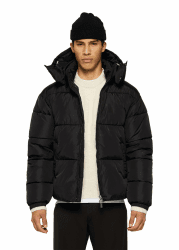 Burocs Hooded Puffer Jacket - Black Glossy - Oversized Herrenjacke - abnehmbare Kapuze - Reißverschluss - Innentasche S Schwarz Angebot bei HelloDeals
