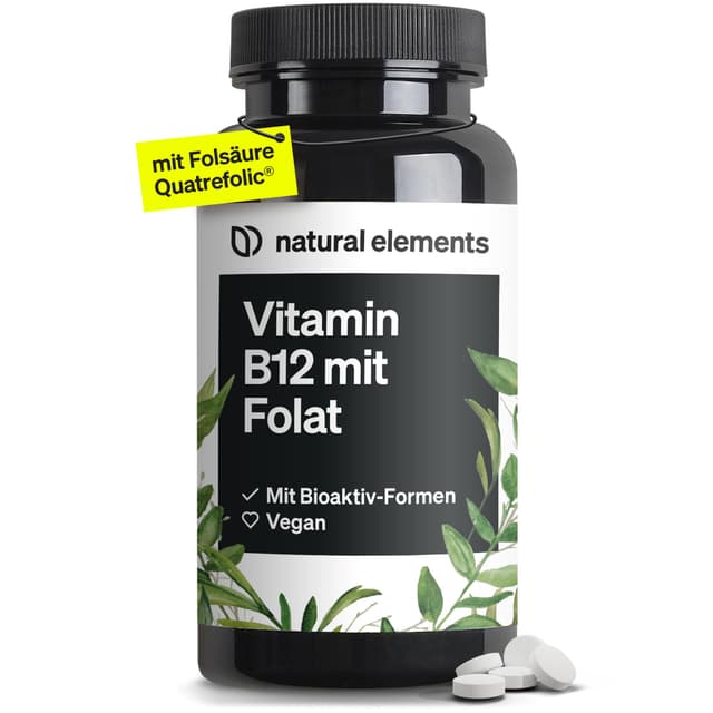 natural elements Vitamin B12 – 180 vegane Tabletten für 6 Monate – 500µg Vit B12 und 200µg Folsäure pro Tagesdosis – hochdosiert, ohne unnötige Zusätze – in Deutschland produziert & laborgeprüft