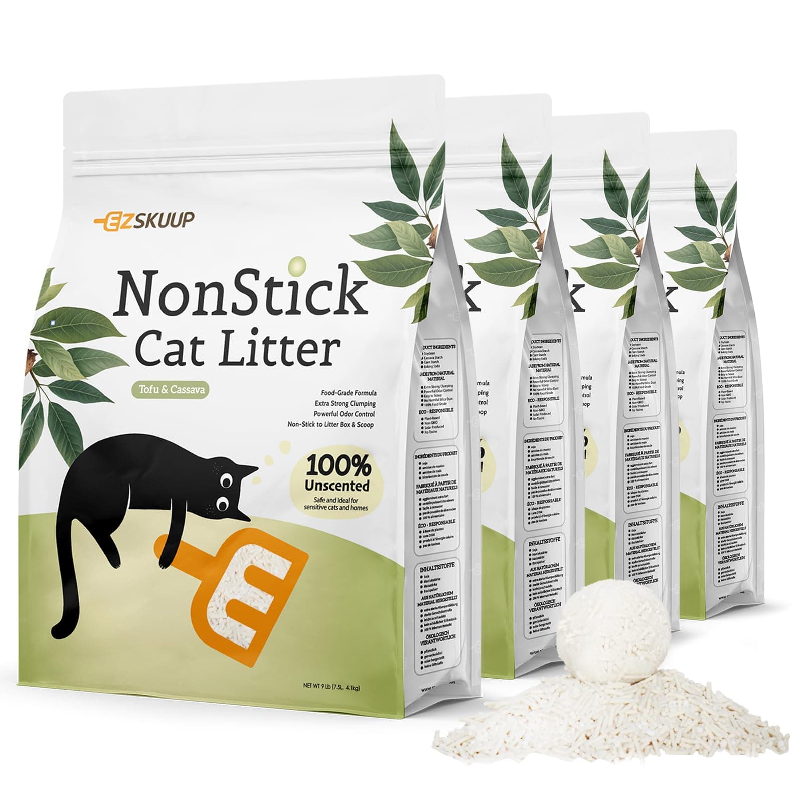 EZSKUUP Antihaftende Ultraklumpende Kassava & Tofu Katzenstreu Klumpstreu, Geruchskontrolle Geringer Austrag Klumpstreu für Katzen, Pflanzen-basierte Natürliche Zutaten katzensand, 4.1kg X 4 Packungen 16.4 KG