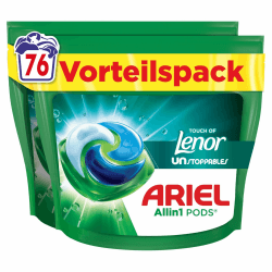 Ariel Waschmittel All-in-1 PODS 76 Waschkapseln, Touch of Lenor Unstoppables, Universal+, Porentiefe Reinheit für lang anhaltende Frische Angebot bei HelloDeals