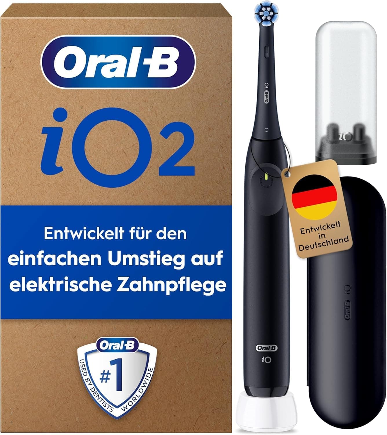 Oral-B iO Series 2 Elektrische Zahnbürste — Electric Toothbrush Inkl. 1 Aufsteckbürste, 3 Putzmodi für Zahnpflege, Magnet-Technologie, Reise-Etui, Aufsteckbürsten-Etui — Designed by Braun — Schwarz Night Black 1 stück (1er Pack) Neu Angebot bei HelloDeals